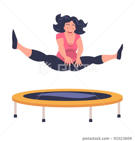 Excited Woman Character Jumping and Bouncing on Trampoline Engaged in Recreational Activity Vector Illustration 91023609