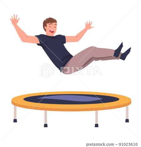 Cheerful Man Character Jumping and Bouncing on Trampoline Engaged in Recreational Activity Vector Illustration 91023610