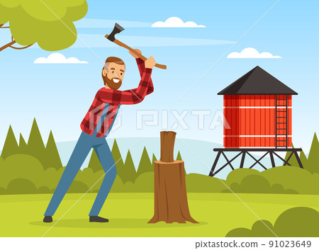 Bearded Man Lumberjack or Woodman in Red Checkered Shirt with Ax Cutting Wood Vector Illustration Bearded Man Lumberjack or Woodman in Red Checkered Shirt with Ax Cutting Wood Vector Illustration 91023649