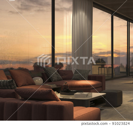 Luxury night lighting living room, stone floor and wooden ceiling. Windows overlooking on the sunset. 3d render illustration interior. 91023824