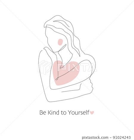 Self care, love your body concept. Cute girl hugging herself. Continuous line vector illustration of young woman. Body positive, slow living, healthcare poster 91024243