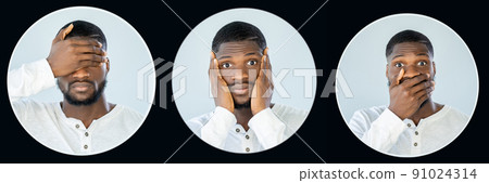 Three wise monkeys. Portrait collage. Magazine flyer. Composition of man different face emotion deaf blind mute isolated on light background in black round frame. Three wise monkeys. Portrait collage. Magazine flyer. Composition of man different face emotion deaf blind mute isolated on light background in black round frame. 91024314