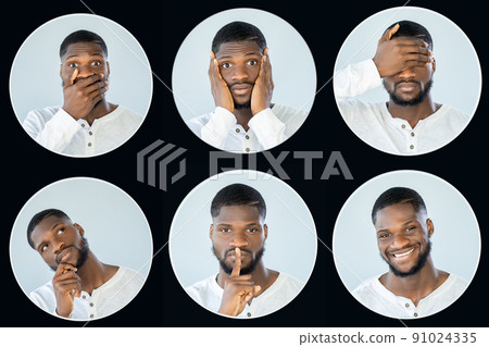 Emotion collage. Facial expression. Avatar portrait. Multiple face icon headshots of young man isolated on light background in black round frame. 91024335