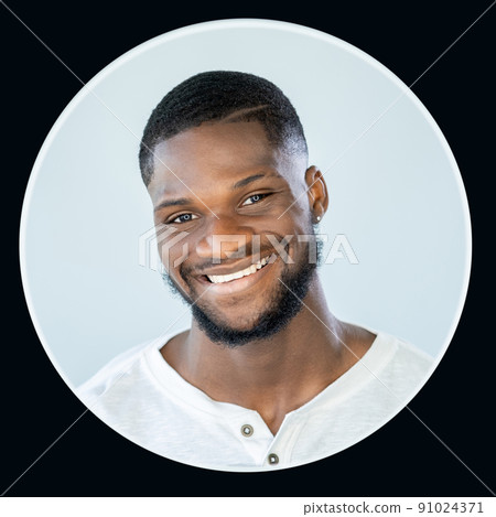 Joyful man. Optimistic lifestyle. Positive attitude. Avatar icon. Happy toothy smiling friendly guy face isolated on white background in circle black frame. Joyful man. Optimistic lifestyle. Positive attitude. Avatar icon. Happy toothy smiling friendly guy face isolated on white background in circle black frame. 91024371