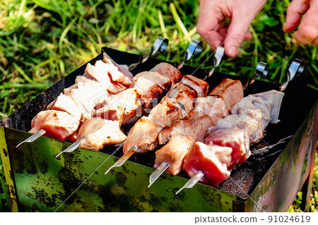 Burnt pork skewers on iron grill, outdoors, close-up, over real charcoal. 91024619