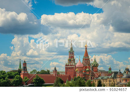 St. Basil's Cathedral and Kremlin Walls and Tower in Red square. St. Basil's Cathedral and Kremlin Walls and Tower in Red square. 91024657