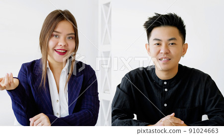 Video call. Business teleconference. International cooperation. Screenshot of diverse partners working online discussing project at virtual office. 91024663
