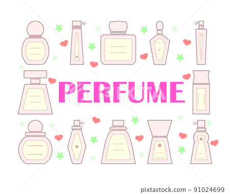 Perfume pink bottles with hearts and stars. Poster with linear and outline icons. Template for signboard cosmetic shop and other ideas. Clipart and drawing on white background. Perfume pink bottles with hearts and stars. Poster with linear and outline icons. Template for signboard cosmetic shop and other ideas. Clipart and drawing on white background. 91024699