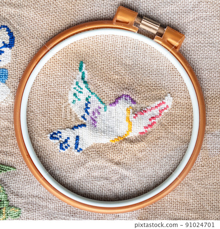 flying pigeon in plastic hoop embroidered by hand flying pigeon in plastic hoop embroidered by hand 91024701