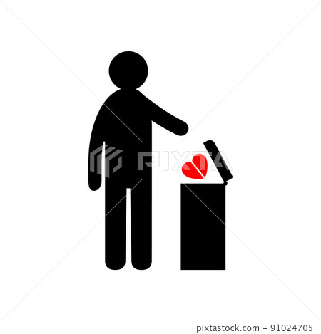 Man throws broken heart into trash can. Conceptual vector clipart and drawing. Isolated illustration on white background. Man throws broken heart into trash can. Conceptual vector clipart and drawing. Isolated illustration on white background. 91024705