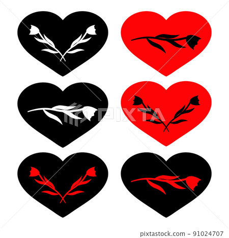 Set of red and black heart symbols with silhouette of flowers inside. Conceptual vector clipart and drawing. Isolated illustrations on white background. Set of red and black heart symbols with silhouette of flowers inside. Conceptual vector clipart and drawing. Isolated illustrations on white background. 91024707
