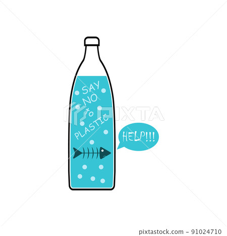 Say no to plastic. Skeleton fish say help in plastic bottle. Cartoon vector illustration. Clipart and drawing. Isolated on white background. Say no to plastic. Skeleton fish say help in plastic bottle. Cartoon vector illustration. Clipart and drawing. Isolated on white background. 91024710