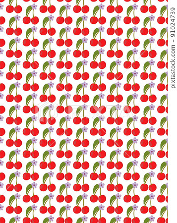 Seamless pattern with red berries cherry, pink flowers with leaves on white background. Isolated vector illustration in flat style. 91024739