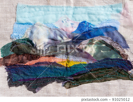 patcwork mountain landscape hand-sewn on canvas patcwork mountain landscape hand-sewn on canvas 91025012