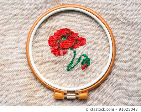 poppy flower in plastic hoop embroidered by hand poppy flower in plastic hoop embroidered by hand 91025048
