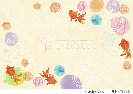 Summer-like colorful Japanese image pattern of goldfish, ripples, yo-yo and marbles Summer-like colorful Japanese image pattern of goldfish, ripples, yo-yo and marbles 91025138