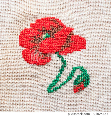 red poppy flower embroidered by hand on fabric red poppy flower embroidered by hand on fabric 91025644