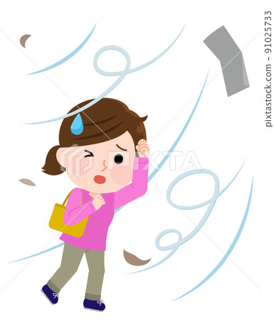Illustration of a woman walking in a typhoon 91025733