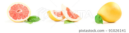 Collage of pomelo close-up isolated on white background Collage of pomelo close-up isolated on white background 91026141