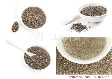 Group of chia seeds isolated on a white background with clipping path Group of chia seeds isolated on a white background with clipping path 91026636