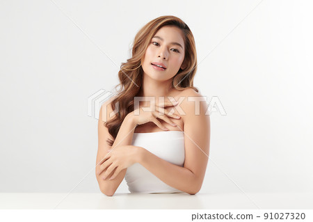 Beautiful young asian woman with clean fresh skin on white background, Face care, Facial treatment, Cosmetology, beauty and spa, Asian women portrait. 91027320