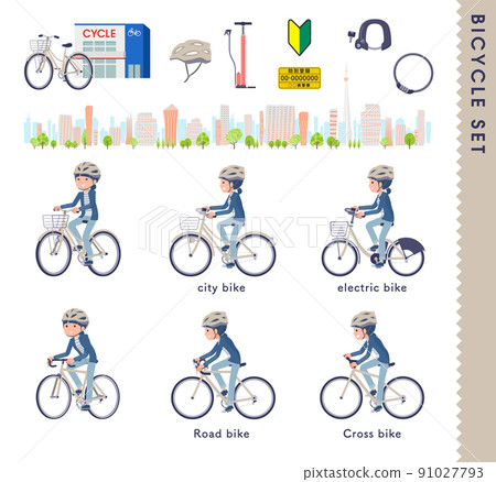 A set of natural style women riding various bicycles A set of natural style women riding various bicycles 91027793