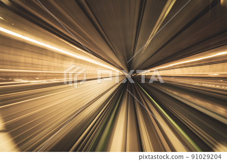 Motion blurred of train moving inside tunnel with 91029204
