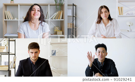 Virtual class. Group video chat. E-learning remote training. Remote education. Screenshot of diverse students working on project online. Virtual class. Group video chat. E-learning remote training. Remote education. Screenshot of diverse students working on project online. 91029241
