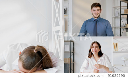Corporate video call. Fun web chat. Remote communication. Screenshot of business team laughing online discussing sleeping colleague at virtual office. Corporate video call. Fun web chat. Remote communication. Screenshot of business team laughing online discussing sleeping colleague at virtual office. 91029290