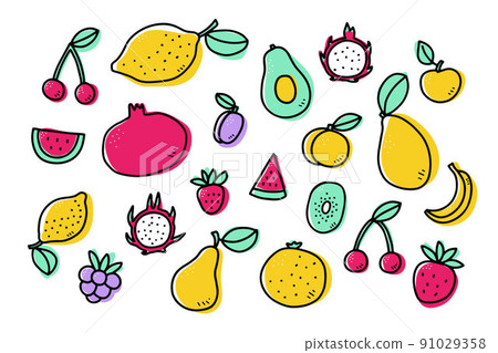 Doodle fruits, berries set. Hand drawn plant 91029358