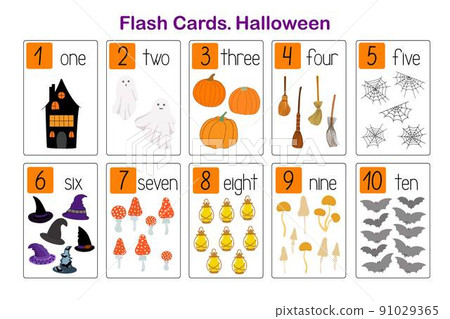 Halloween cute spooky holiday symbols number learning printable flash cards, educational English worksheet for kids, nursery, kindergarten, pre-school or leisure activity, teacher resources, game 91029365