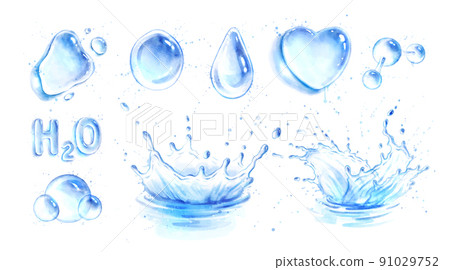 Watercolor set of water splash crown and blots 91029752