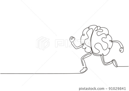 Single continuous line drawing brain running with shoes cartoon isolated. Train your brain. Creative concept. Flat design of brain for sport win. One line draw graphic design vector illustration Single continuous line drawing brain running with shoes cartoon isolated. Train your brain. Creative concept. Flat design of brain for sport win. One line draw graphic design vector illustration 91029841