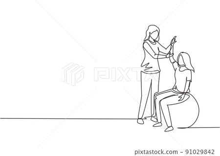 Continuous one line drawing physiotherapy rehabilitation isometric composition with young woman patient sitting on ball and female doctor holding her hand. Single line draw design vector illustration Continuous one line drawing physiotherapy rehabilitation isometric composition with young woman patient sitting on ball and female doctor holding her hand. Single line draw design vector illustration 91029842