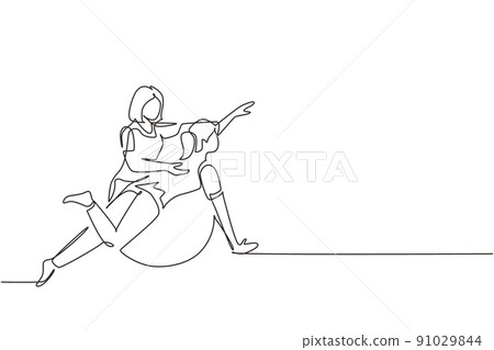 Continuous one line drawing physiotherapy rehabilitation isometric composition with female patient lying on rubber ball with medical assistant. Healthcare. Single line draw design vector illustration 91029844