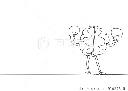 Continuous one line drawing brain with boxing gloves celebrating victory. Concept of proving and defending your position, power mind, memory. Single line draw design vector graphic illustration 91029846