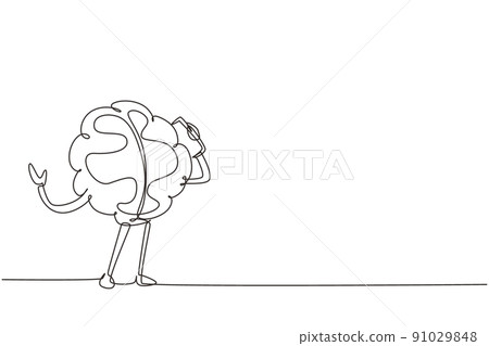 Single continuous line drawing brain using smartphone talking cartoon person mobile phones. Business negotiations by phone human brain character, smart wise. One line draw design vector illustration 91029848