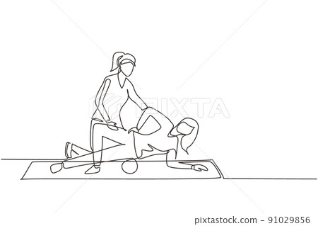 Single continuous line drawing professional female osteopath bonesetter making massage to woman. Spine adjustment. Rehabilitation, manual therapy. Chiropractor working. One line draw design vector Single continuous line drawing professional female osteopath bonesetter making massage to woman. Spine adjustment. Rehabilitation, manual therapy. Chiropractor working. One line draw design vector 91029856