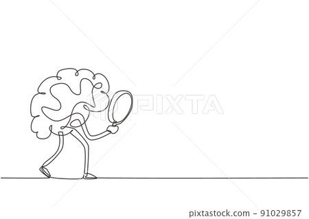 Single one line drawing brain mascot character holding magnifying glass in search of something concept, looking through it with big eye. Modern continuous line draw design graphic vector illustration Single one line drawing brain mascot character holding magnifying glass in search of something concept, looking through it with big eye. Modern continuous line draw design graphic vector illustration 91029857