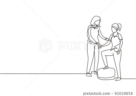 Single one line drawing woman therapist helping young female patient stepping up the stairs, medical rehabilitation, physical therapy activity. Continuous line draw design graphic vector illustration Single one line drawing woman therapist helping young female patient stepping up the stairs, medical rehabilitation, physical therapy activity. Continuous line draw design graphic vector illustration 91029858