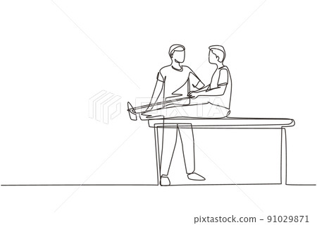 Continuous one line drawing people massage, professional relax therapy, medical health care, male masseur. Man sitting on couch, medicine wellness therapist specialist. Single line draw design vector 91029871