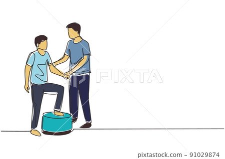 Continuous one line drawing man therapist helping young male patient stepping up the stairs, medical rehabilitation, physical therapy activity. Single line draw design vector graphic illustration Continuous one line drawing man therapist helping young male patient stepping up the stairs, medical rehabilitation, physical therapy activity. Single line draw design vector graphic illustration 91029874