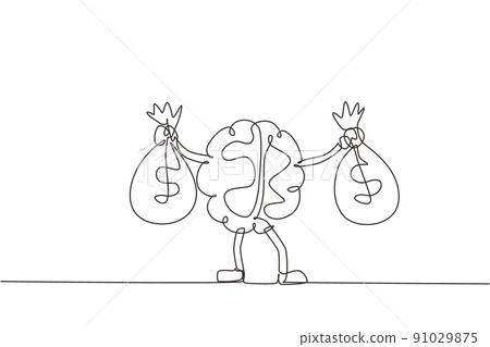 Single continuous line drawing brain holding money bag with two hands. Cute brain mascot character illustration holding bag full of money. Dynamic one line draw graphic design vector illustration 91029875