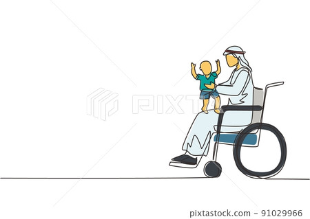 Single one line drawing happy disabled father with his child. Disability Arabian man holding baby in his arms. Family love concept. Physical disability. Continuous line draw design vector illustration 91029966