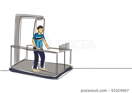 Single one line drawing physiotherapy rehabilitation isometric composition with man walking on medical running machine. Healthcare concept. Continuous line draw design graphic vector illustration 91029967
