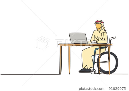 Continuous one line drawing young Arabian man uses wheelchair and working with computer in office. Online job and startup. Physical disability. Single line draw design vector graphic illustration Continuous one line drawing young Arabian man uses wheelchair and working with computer in office. Online job and startup. Physical disability. Single line draw design vector graphic illustration 91029975