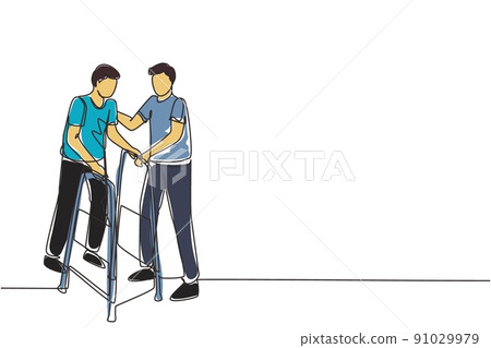 Single continuous line drawing man walking in medical rehabilitation, physical therapy center. Male in recovery doing exercises. Guy therapist helping in rehab healthcare. One line draw design vector Single continuous line drawing man walking in medical rehabilitation, physical therapy center. Male in recovery doing exercises. Guy therapist helping in rehab healthcare. One line draw design vector 91029979