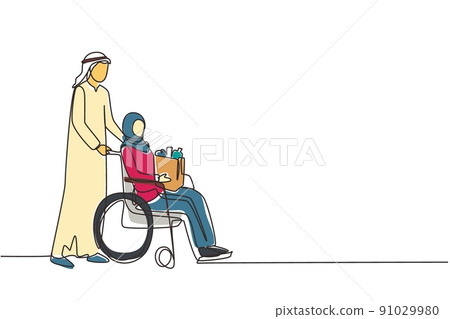 Single one line drawing Arabian man supporting, caring disabled old woman on wheelchair. Volunteer helping with shopping, taking care of senior woman. Continuous line draw design vector illustration 91029980