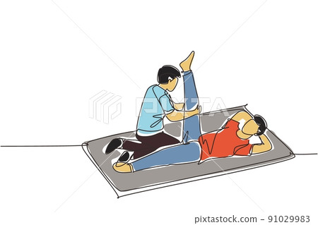 Single one line drawing rehabilitation center. Massage therapy. Male physiotherapist giving leg massage to patient lying on the floor. Modern continuous line draw design graphic vector illustration 91029983