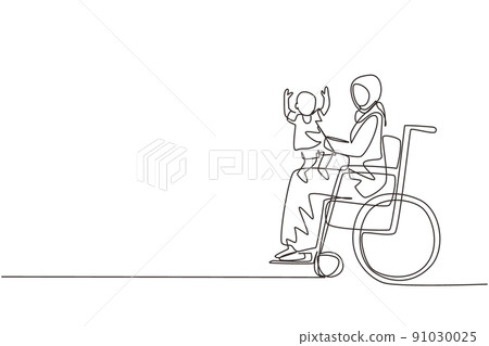 Single one line drawing happy disabled mother with her child. Disability Arabic woman holding baby in her arms. Family love concept. Physical disability and society. Continuous line draw design vector Single one line drawing happy disabled mother with her child. Disability Arabic woman holding baby in her arms. Family love concept. Physical disability and society. Continuous line draw design vector 91030025